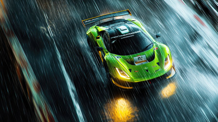 A vivid green sports car racing through a stormy night, with rain and motion blur creating a cinematic feelの素材