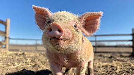 A lively piglet exploring an open area on the farm, with a bright blue sky in the background.の素材