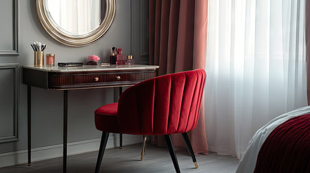 Petite red velvet chair in a dressing room, positioned in front of a vintage vanity tableの素材