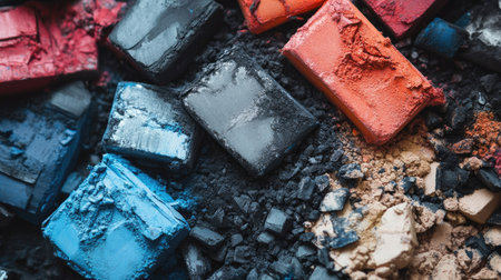 A detailed view of chalk pastels crushed into powder, showing vibrant pigments.の素材