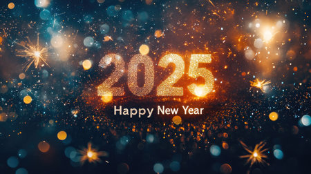 Colorful fireworks framing  Happy New Year in sparkling white text against a starry skyの素材