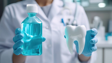 A dentist holding a mouthwash bottle in one hand and a tooth model in the other, in a brightly lit dental office.の素材
