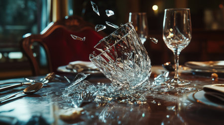 A crystal glass shattered into intricate pieces on a dinner table, with scattered cutlery nearby.の素材