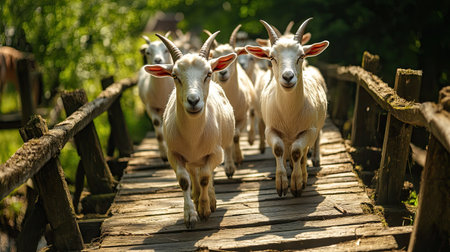 A line of goats walking single file across a narrow wooden bridge on the farm.の素材