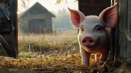 A curious piglet chewing on a piece of straw, with a barn door open in the background.の素材
