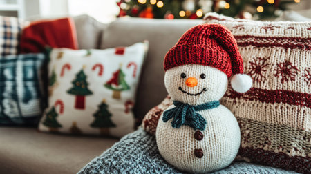 A knitted snowman Christmas decoration on a cozy sofa, with holiday-themed pillows in the background.の素材