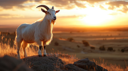 A majestic billy goat standing on a rocky hill on the farm, overlooking a field at sunset.の素材