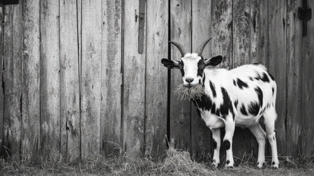 A black-and-white spotted goat chewing on a piece of hay, standing in front of a weathered wooden barn door.の素材