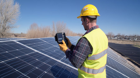 A worker using a thermal imaging camera to detect issues with solar panels during maintenanceの素材