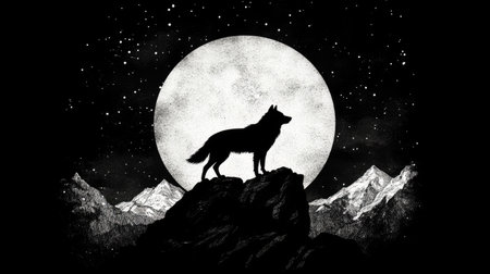 A lone wolf silhouetted against a full moon, standing on a rocky peak under a starry night sky.の素材