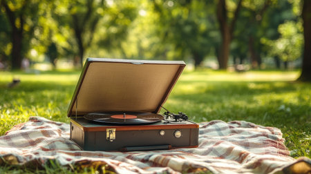 A vintage portable record player on a picnic blanket in a sunny park settingの素材