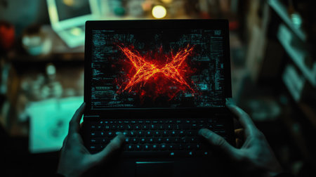 A laptop held by a hacker, showing a live breach attempt, with virtual firewalls represented visually.の素材