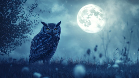A large owl standing in a field under a full moon, its silhouette blending into the serene landscape.の素材