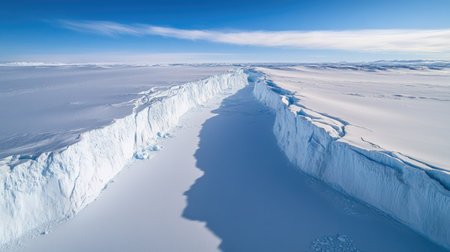 A breathtaking aerial view of massive cracked glaciers stretching across a frozen landscape.の素材