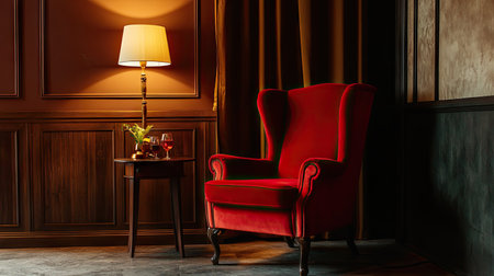 Elegant red velvet wingback chair in a cozy reading nook, accompanied by a small table and a lampの素材
