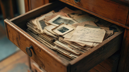 Open drawer in a vintage wooden cabinet, revealing stacks of handwritten letters and old photographsの素材