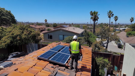 A worker in a reflective vest replacing a damaged solar panel on a residential rooftopの素材