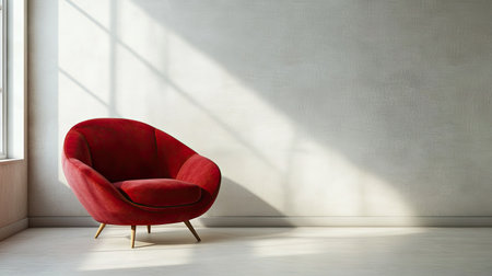 Modern red velvet lounge chair set in a minimalist studio apartment with natural lightingの素材
