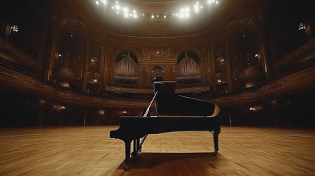A long shot of a grand piano in a massive concert hall, emphasizing the scale and grandeur of the space.の素材