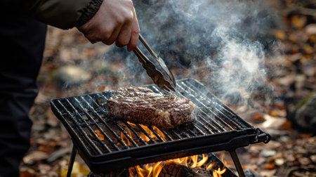 A camper's hand flipping a beef steak on a grill using tongs, with smoke and fire creating a dramatic effect.の素材