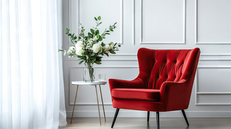 Chic red velvet armchair styled with a side table holding a vase of fresh flowers in a bright roomの素材
