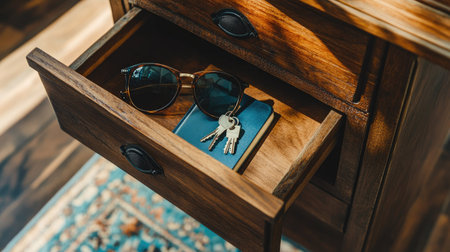 Open drawer in a hallway console table, revealing a set of keys, sunglasses, and a small notebookの素材