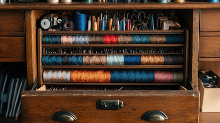 Drawer in a crafts cabinet pulled open, displaying neatly arranged threads, scissors, and crafting toolsの素材