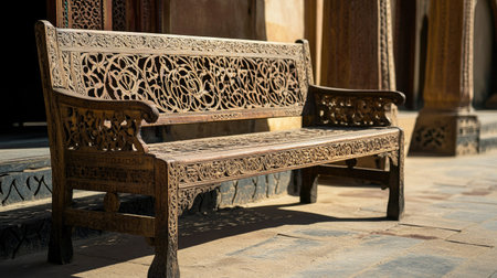 Carved wooden bench with intricate patterns, placed in a historical or cultural settingの素材