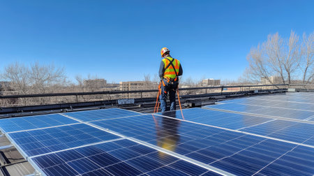 A worker wearing a safety harness carefully cleaning a solar panel on a rooftop under clear blue skiesの素材