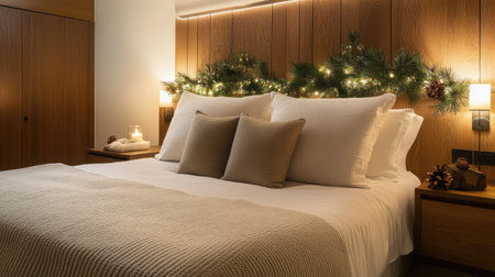 Minimalist wooden headboard and bedside tables in a modern bedroom with neutral tonesの素材