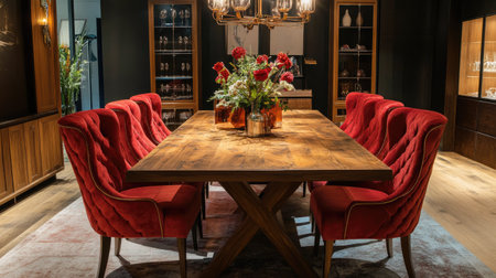 Elegant red velvet dining chairs placed around a wooden dining table in a formal dining roomの素材
