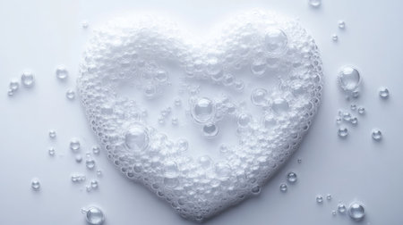 Delicate foam bubbles arranged in a heart shape on a flat white surfaceの素材
