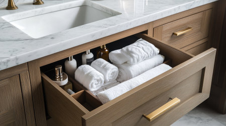 Open drawer in a modern bathroom vanity, revealing a mix of rolled towels and bath accessoriesの素材