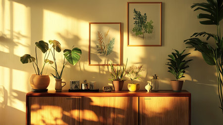 Mid-century modern wooden sideboard, adorned with plants, vases, and framed artworkの素材