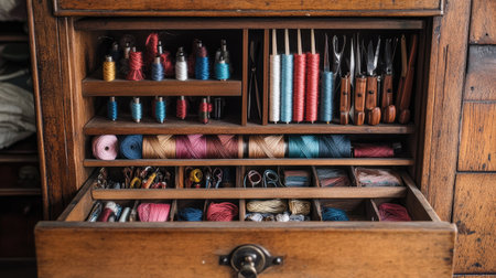 Drawer in a crafts cabinet pulled open, displaying neatly arranged threads, scissors, and crafting toolsの素材