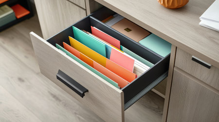 Open drawer in a home office filing cabinet, with color-coded files and documents insideの素材