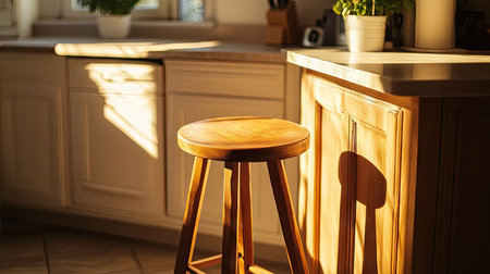 Handcrafted wooden stool next to a high kitchen counter, bathed in warm morning sunlightの素材