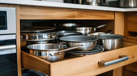 Open kitchen cabinet drawer containing neatly arranged pots and pans in a modern kitchenの素材