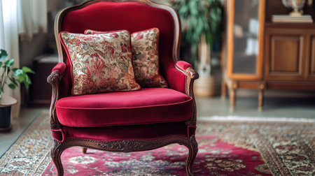 Red velvet chair adorned with floral pillows, set on a Persian rug in a traditional living roomの素材