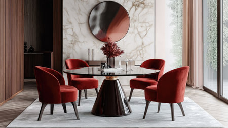 Pair of red velvet dining chairs around a glass table, styled in a contemporary dining roomの素材