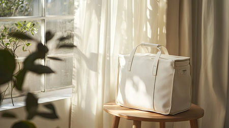 Neatly folded square travel bag placed on a side table near a large window with natural lightの素材