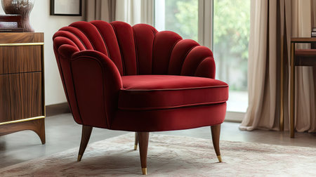 Red velvet chair with curved wooden legs, styled in an art deco-inspired interiorの素材