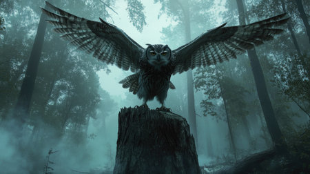A large owl with outstretched wings landing on a tree stump in a misty forest.の素材