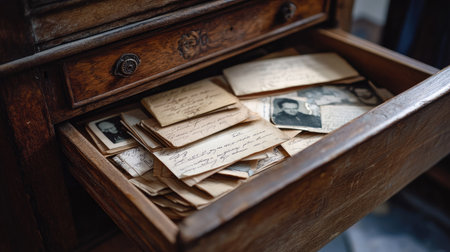 Open drawer in a vintage wooden cabinet, revealing stacks of handwritten letters and old photographsの素材
