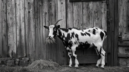 A black-and-white spotted goat chewing on a piece of hay, standing in front of a weathered wooden barn door.の素材
