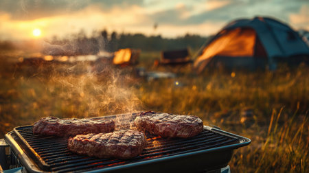 A campsite scene with beef steaks grilling on a portable BBQ, smoke rising into the evening air.の素材