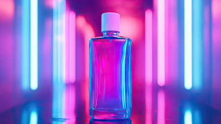 A creative close-up of a bottle of mouthwash held under vibrant neon lighting, giving it a modern feel.の素材
