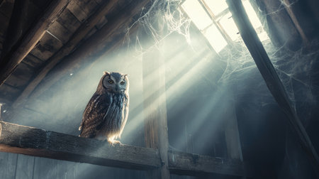 A large owl perched in the rafters of an old, abandoned barn, surrounded by cobwebs and beams of light.の素材