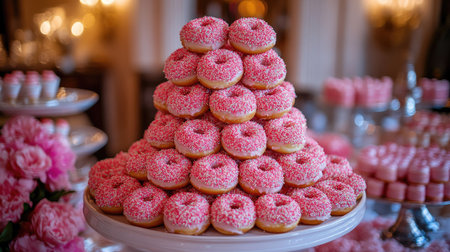 A whimsical display of mini pink sprinkle donuts stacked on a dessert stand at a partyの素材