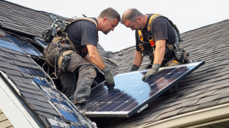 A worker carefully removing a broken solar panel with proper equipment and teamworkの素材